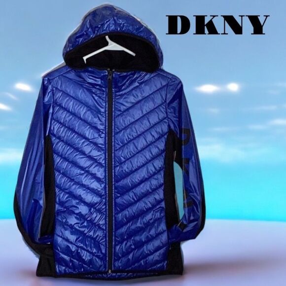 DKNY NEW SPORT HOODED JACKET COAT ZIP UP PACKABLE PUFFER COBALT BLUE SMALL - Picture 1 of 9
